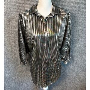 Vintage Jeri Marque Iridescent Foil Polka Dot Blouse Black Large Disco